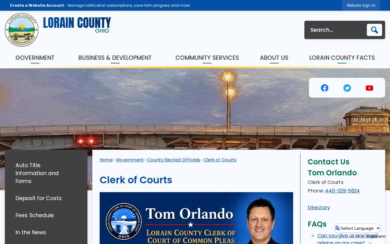 Lorain County residents directory Clerk of Courts information page