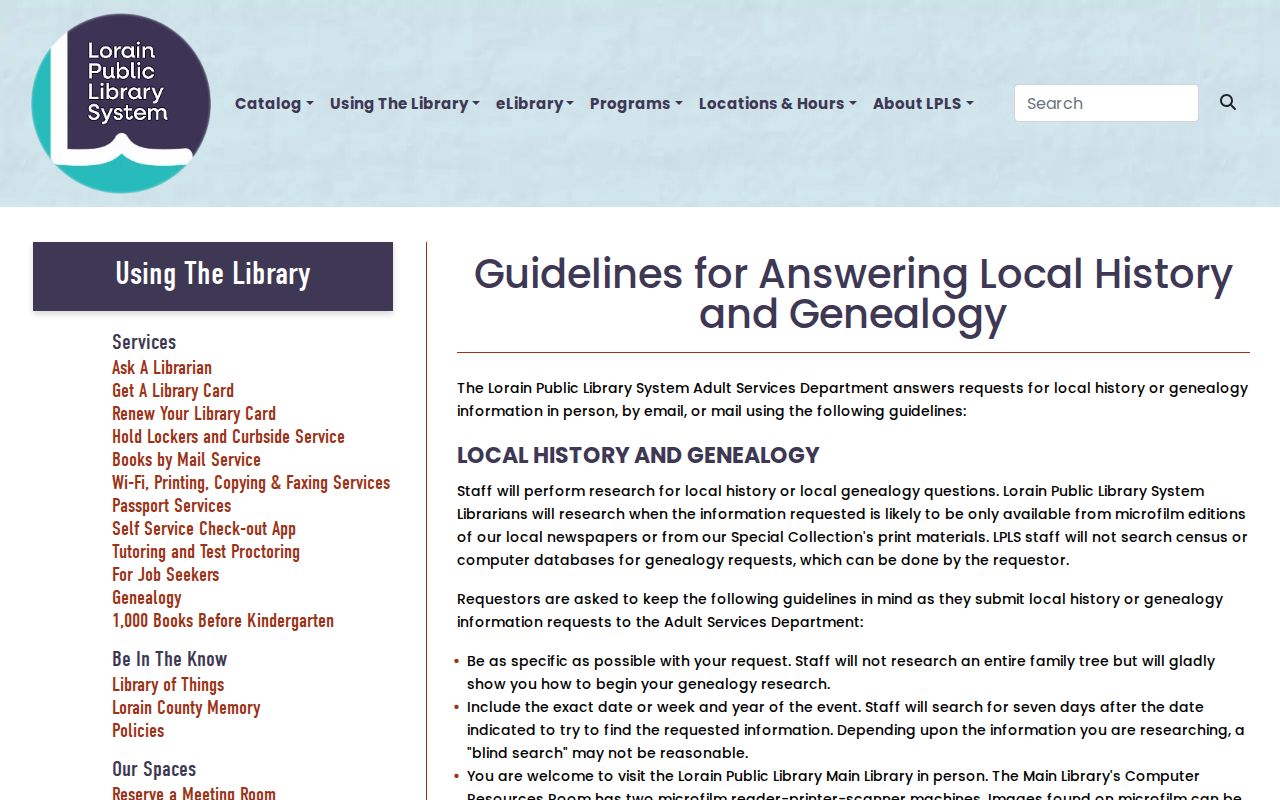 Lorain County previous residents library local-history research guidelines