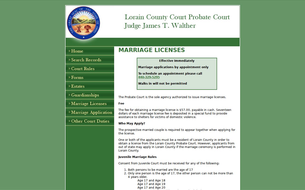 Lorain County previous residents Probate Court marriage-license records page