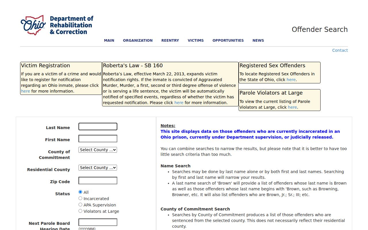 Lorain County resident lookup Ohio DRC offender search fields